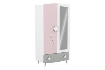 Armario juvenil 2 Puertas + 1 cajón + Espejo en colores gris, rosa y blanco al MEJOR PRECIO