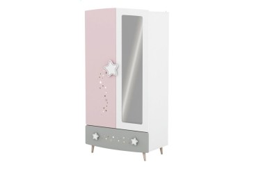 Armario juvenil 2 Puertas + 1 cajón + Espejo en colores gris, rosa y blanco al MEJOR PRECIO