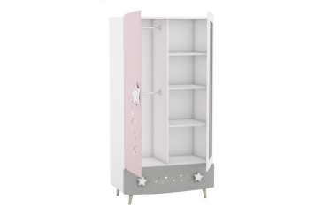 Roupeiro júnior 2 portas + 1 gaveta + Espelho nas cores cinzento, rosa e branco ao MELHOR PREÇO