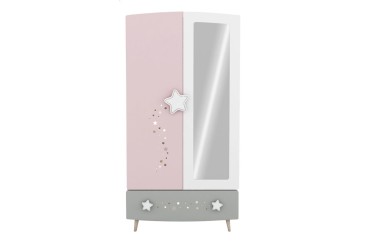Armario juvenil 2 Puertas + 1 cajón + Espejo en colores gris, rosa y blanco al MEJOR PRECIO