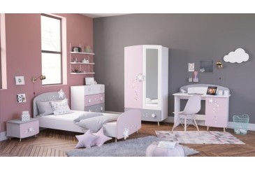 Armario juvenil 2 Puertas + 1 cajón + Espejo en colores gris, rosa y blanco al MEJOR PRECIO