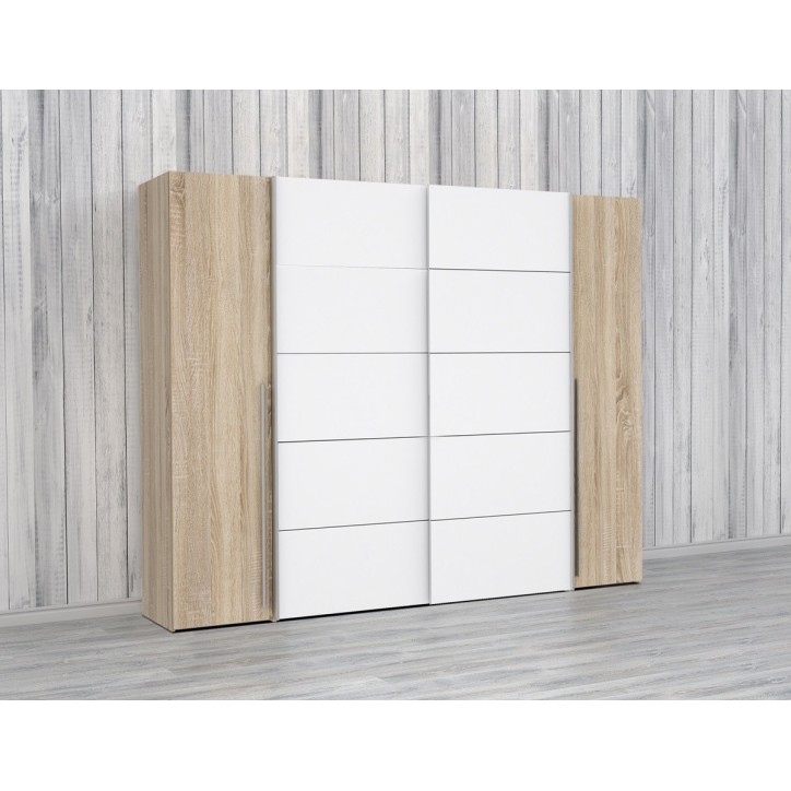 Armario 2 puertas correderas y 2 abatibles de  270cm en colores Blanco y Roble