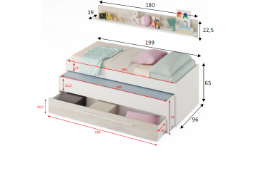 Cama de casal júnior com prateleira ELLIOT