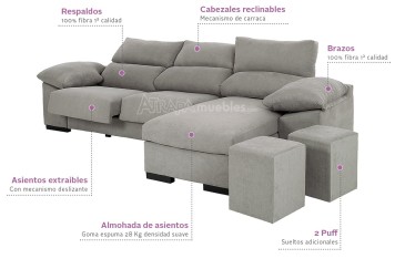 Sofá Chaiselongue Reversible VELA Gris Medio