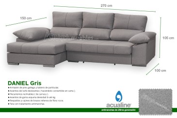 Sofá chaiselonge Cama DANIEL Gris al MEJOR PRECIO
