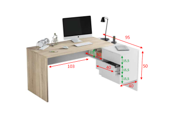 Mesa de Oficina/Despacho con cajones 145 x 108 cm. en Roble Canadian y Blanco Artik