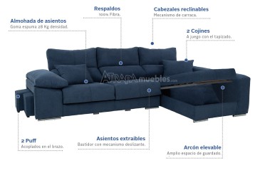 Sofá chaiselonge COPI en elegante color Azul al MEJOR PRECIO