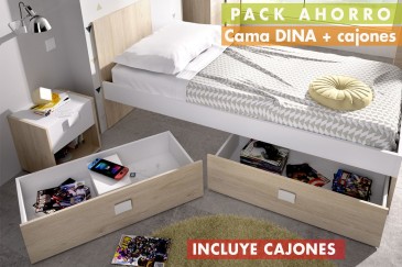 Pack AHORRO Cama juvenil DINA con cajones + somier + colchon 90x190