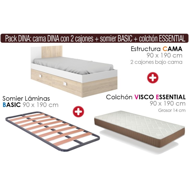 Pack AHORRO Cama juvenil DINA con cajones + somier + colchon 90x190