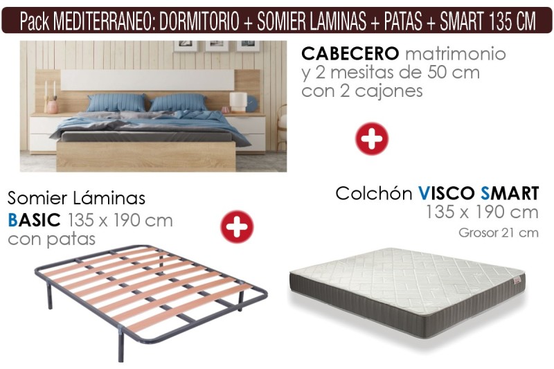 Pack Poupança Quarto Mediterrâneo + Estrado com Pés + Colchão Viscoelástico SMART 135x190 Pack Poupança Quarto Mediterrâneo + Estrado com Pés + Colchão Viscoelástico SMART 135x190