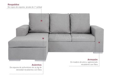 Sofá Chaiselongue Design 3P reversível em cor CINZA claro ao MELHOR PREÇO