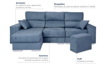 Sofá de design 3P Chaiselongue 3P reversível na cor AZUL ao MELHOR PREÇO
