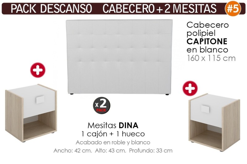 Pack Poupança Cabeceira Capitoné Branco + 2 Mesinhas de Cabeceira DINA Pack Poupança Cabeceira Capitoné Branco + 2 Mesinhas de Cabeceira DINA