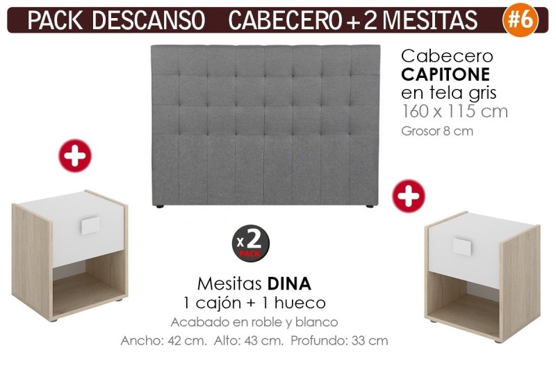Pack Poupança Cabeceira Capitoné Tecido Cinza + 2 Mesinhas de Cabeceira DINA Pack Poupança Cabeceira Capitoné Tecido Cinza + 2 Mesinhas de Cabeceira DINA