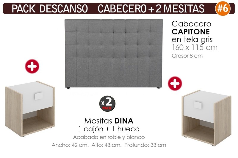 Pack AHORRO Cabecero Capitone Tela Gris + 2 Mesitas DINA