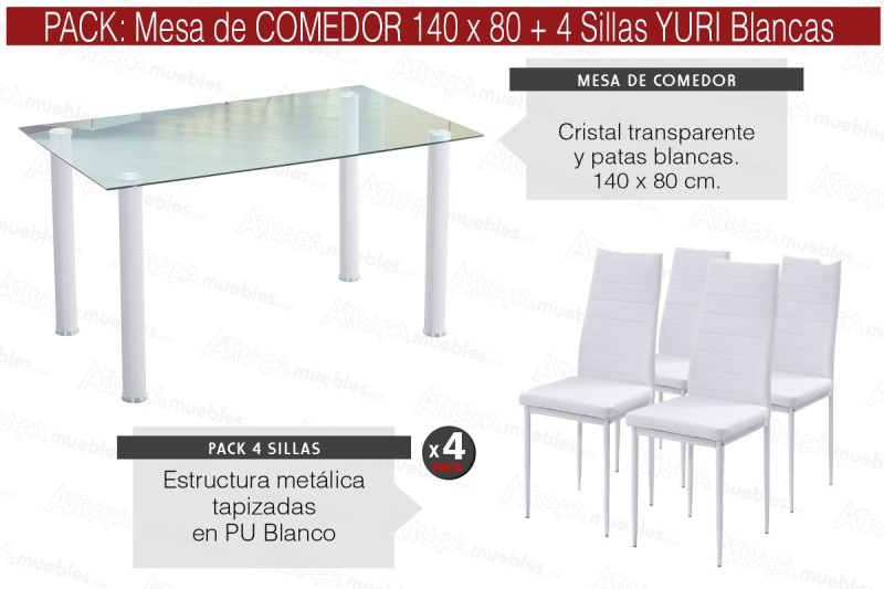 PACK Mesa cristal Transparente + 4 Sillas YURI Blanco