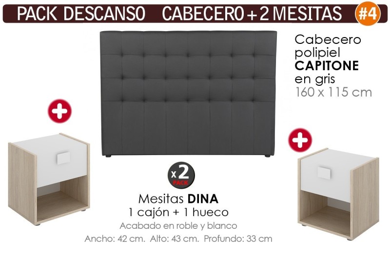 Pack AHORRO Cabecero Capitone Polipiel Gris + 2 Mesitas DINA