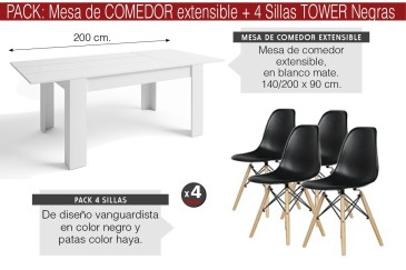 PACK de 1 Mesa de salón extensible + 4 Sillas TOWER en color Negro