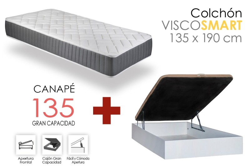 Colchón viscoelástico + canapé abatible gran capacidad, 135x190