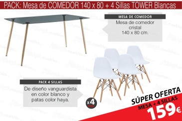 PACK Moderna Mesa fija de salón de 140x80 + 4  Sillas vanguardistas TOWER en Blanco al MEJOR PRECIO