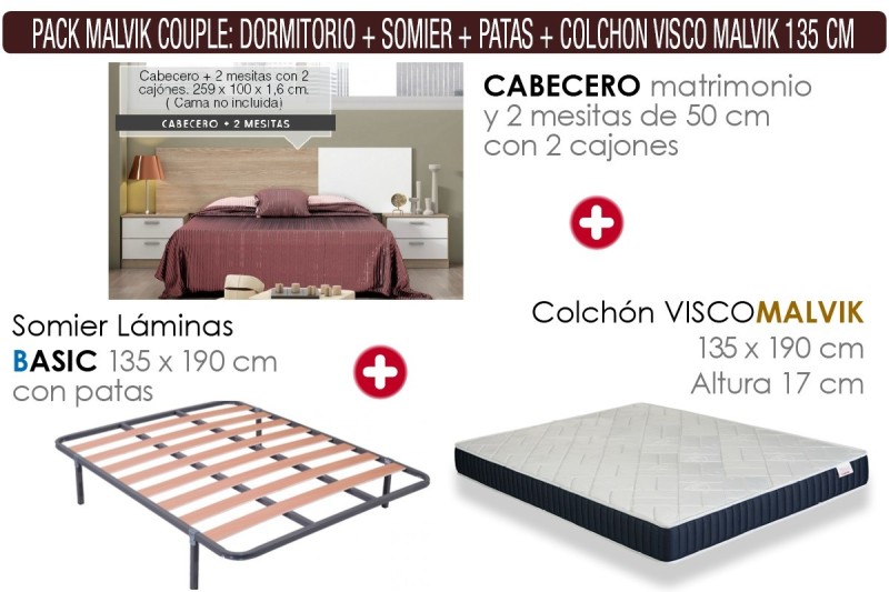 Pack Poupança Quarto COUPLE + Estrado com Pés + Colchão Viscoelástico MALVIK 135x190 Pack Poupança Quarto COUPLE + Estrado com Pés + Colchão Viscoelástico MALVIK 135x190