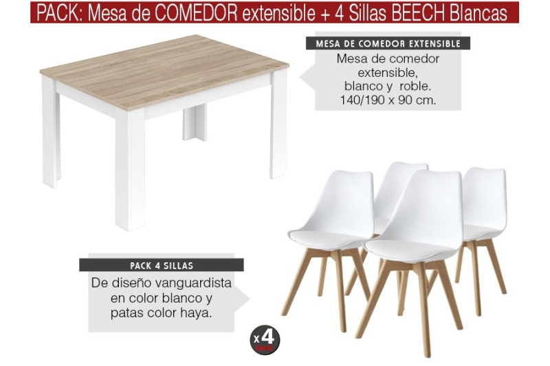PACK Mesa MEDITERRANEO + 4 Sillas BEECH Blancas diseño