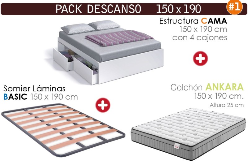 Pack AHORRO Descanso Cama 4 cajones Blanca + ANKARA 150x190