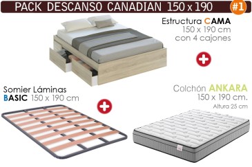 Pack AHORRO Descanso Cama 4 cajones Roble + Colchón ANKARA 150x190