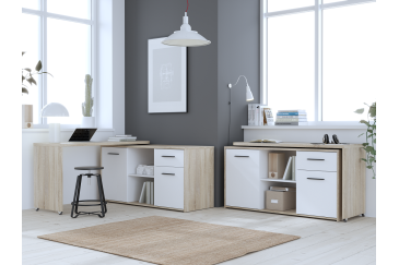 Mesa escritorio adaptable en Blanco y Roble
