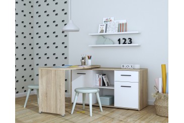 Mesa escritorio adaptable en Blanco y Roble