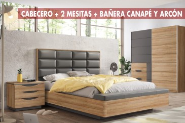 Dormitorio INVERELL (Cabecero + 2 Mesitas + marco cama) al mejor precio de Internet
