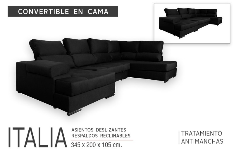 Sofá Chaiselongue Rinconera Derecha ITALIA Melisa Negro/Gris (Convertible en Cama)