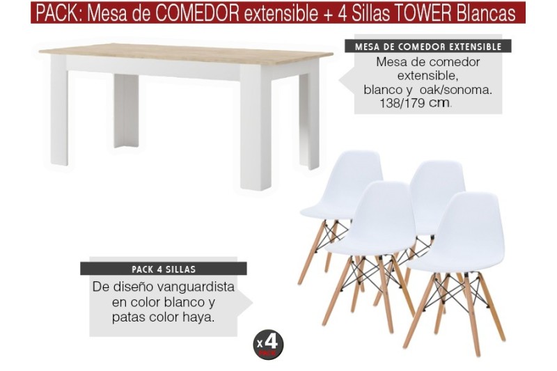 PACK Mesa ASTRID + 4 Sillas TOWER Blancas diseño