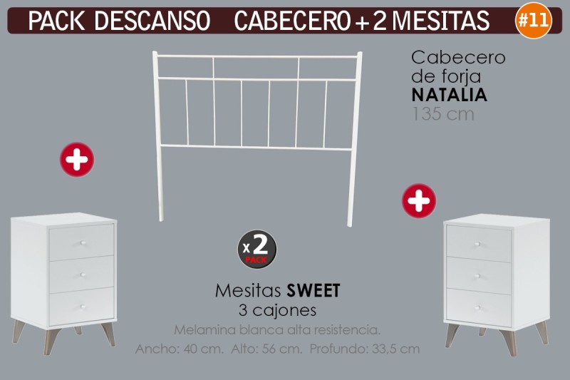 Pack AHORRO Cabecero Forja NATALIA 135 Blanco + 2 Mesitas SWEET