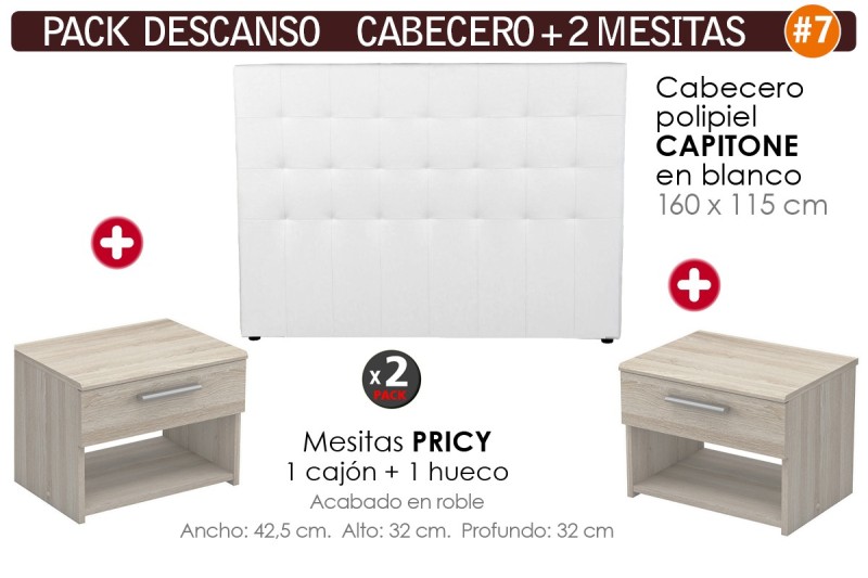 Pack AHORRO Cabecero Capitone Blanco + 2 Mesitas PRICY