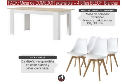 PACK de 1 Mesa de salón extensible + 4 Sillas BEECH de diseño en color Blanco
