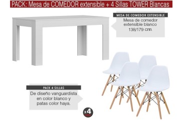PACK de 1 Mesa de salón extensible + 4 Sillas TOWER de diseño en color Blanco