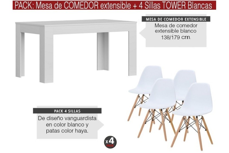 PACK Mesa ASTRID Blanca + 4 Sillas TOWER Blancas diseño