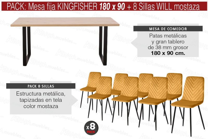 PACK Mesa KINGFISHER 180x90 + 8 Sillas WILL Mostaza
