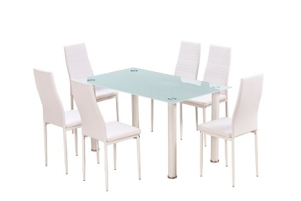 PACK de 1 Mesa de salón cristal Blanco + 6 Sillas en color Blanco