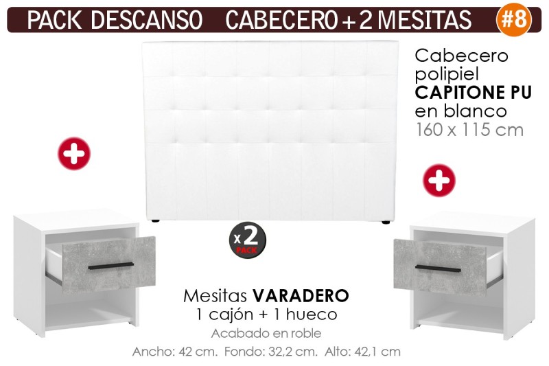Pack AHORRO Cabecero Capitone Blanco + 2 Mesitas VARADERO
