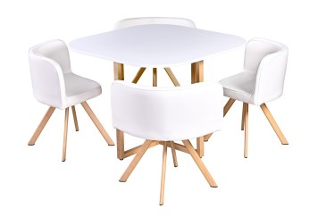 PACK de 1 Mesa de salón + 4 Sillas en color blanco bajo mesa