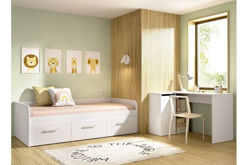 Dormitorio juvenil de color blanco con cama compacta.