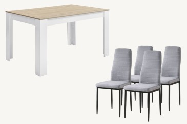 PACK de 1 Mesa de salón blanca y roble + 4 Sillas YURI de color Gris