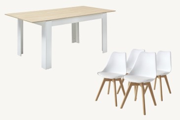PACK de 1 Mesa de salón extensible + 4 Sillas BEECH de diseño en color Blanco
