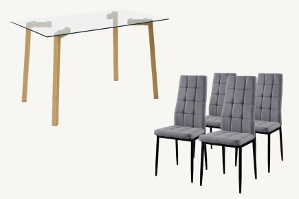 PACK de 1 Mesa de salón cristal Transparente + 4 Sillas en color gris