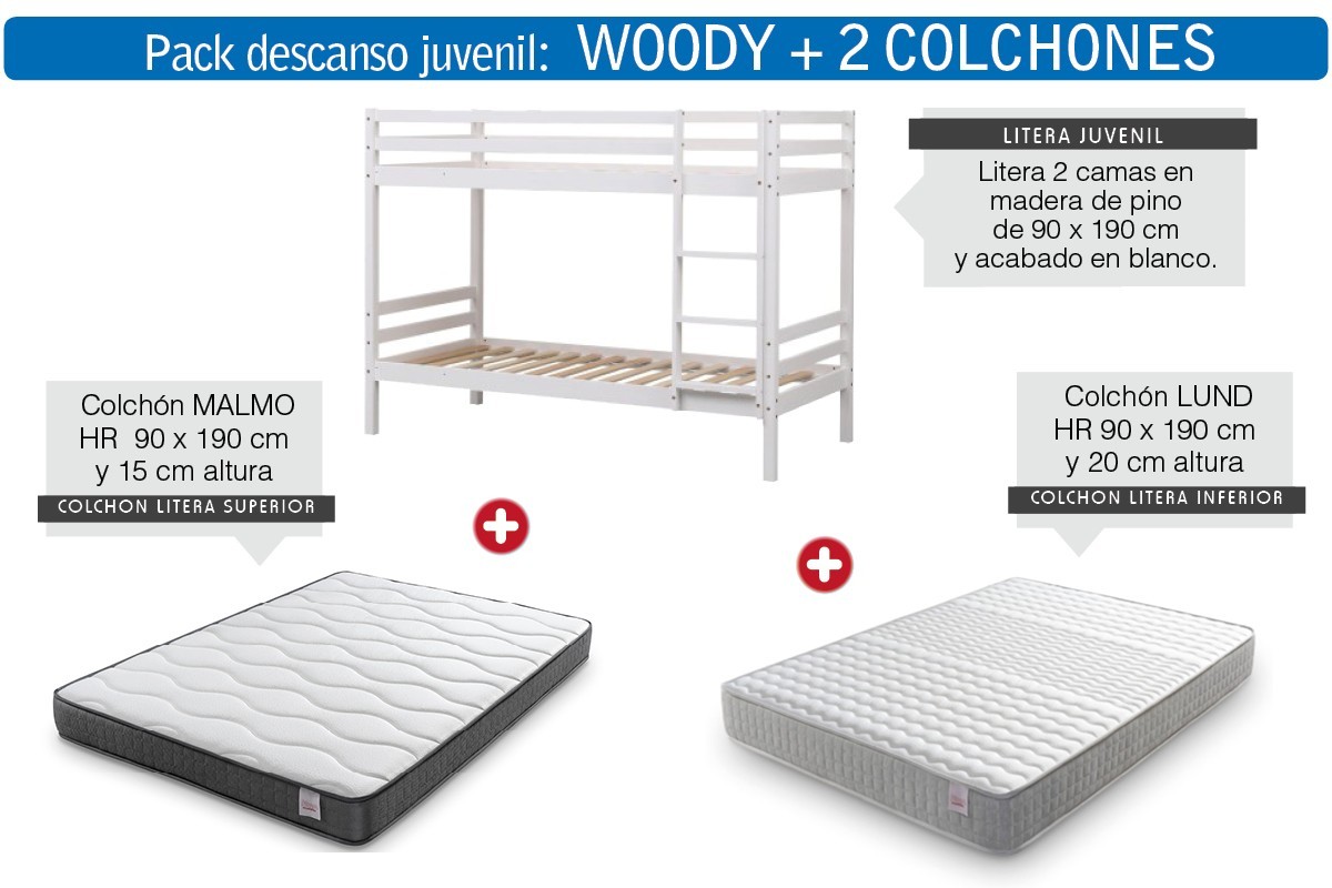 Pack Beliche WOODY + 2 colchões de 90x190