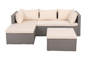 Conjunto de jardín Sofa Chaiselongue + Puff/Mesa Rattan gris