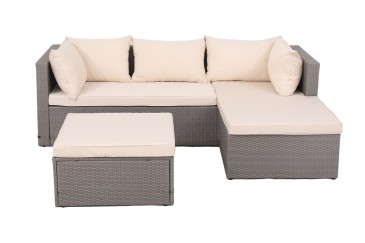 Conjunto de jardín Sofa Chaiselongue + Puff/Mesa Rattan gris