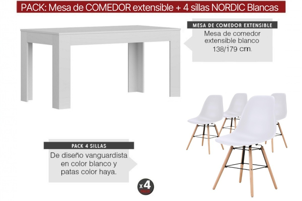 PACK Mesa ASTRID Blanca + 4 Sillas NORDIC Blancas diseño PACK Mesa ASTRID Blanca + 4 Sillas NORDIC Blancas diseño